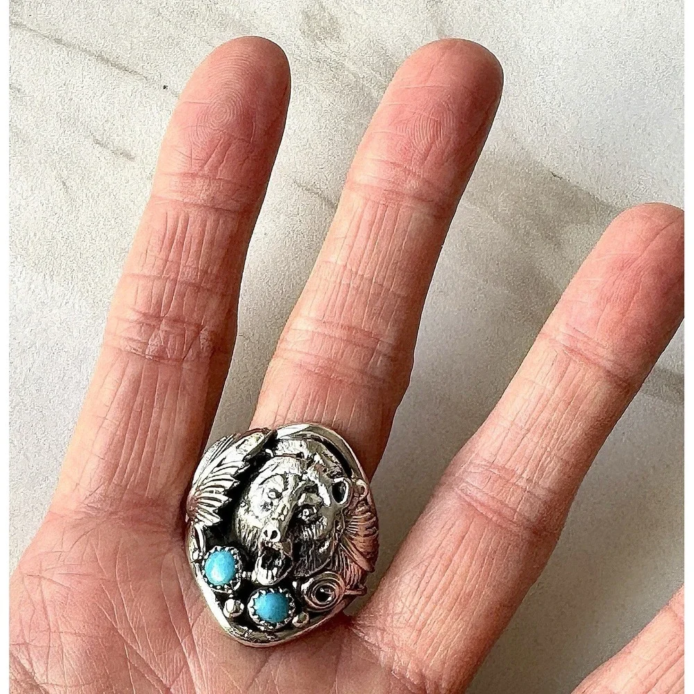Bear Head Navajo‎ Kingman Turquoise Mens Ring Sz 14 Sterling Signed Sanders
